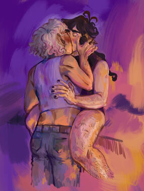 A digital painting of two nonbinary people kissing. Jo, a white person with long black hair sits on a countertop while their partner, Mitya, a lightskinned Black person with a curly blond bob kisses them. The two are embracing and the color palette looks l